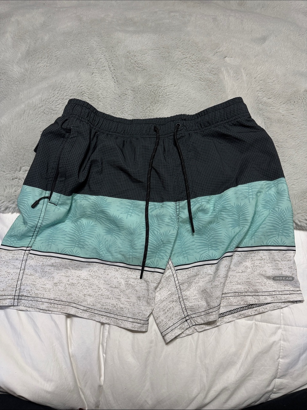 Ingear Men’s Black, Teal & Light Gray Palm-Stripe Swim Trunks
